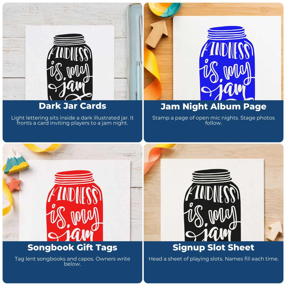 Four ways to use the Kindness Is My Jam Jar Stamp – Self-Inking: dark jar cards, jam night album page, songbook gift tags and signup slot sheet.