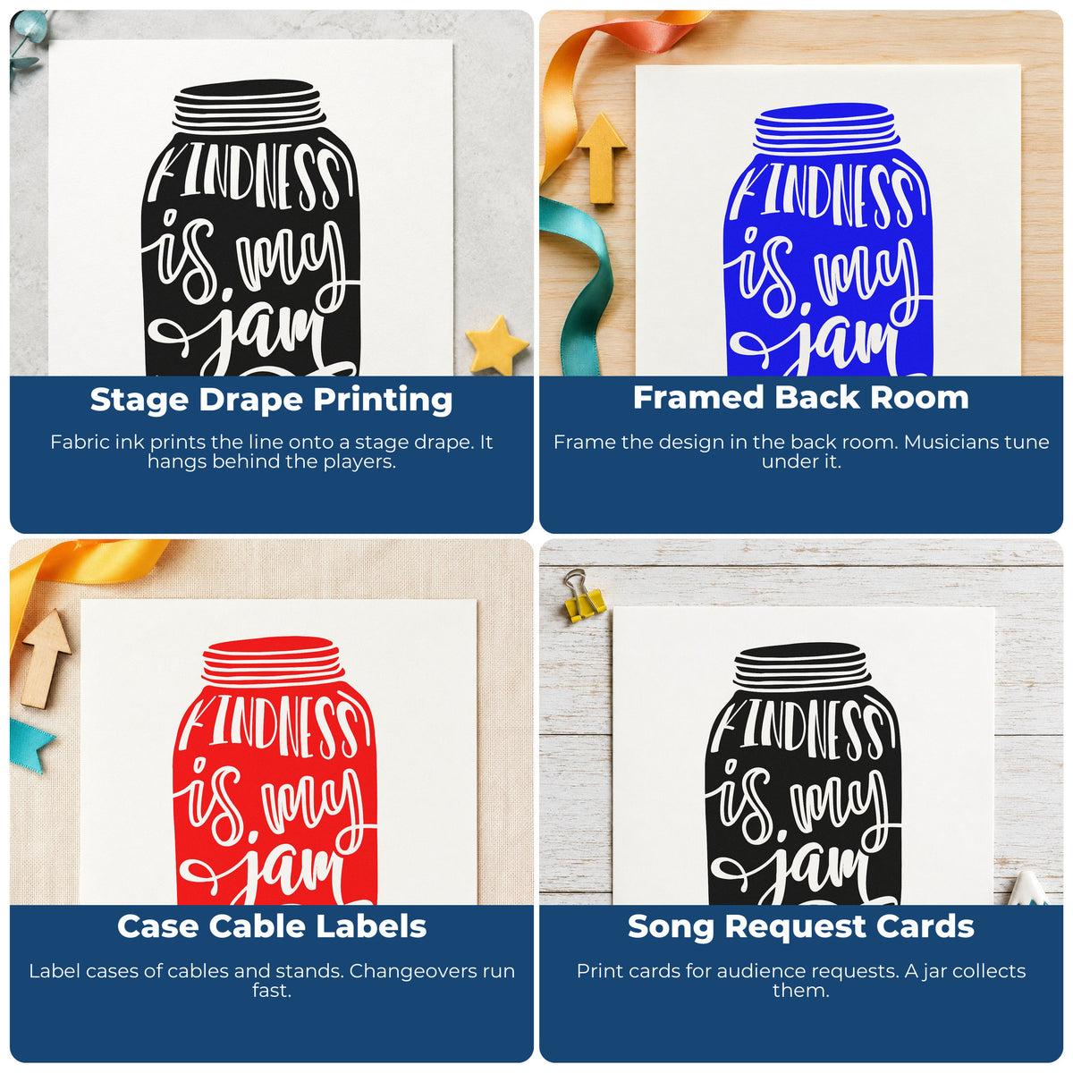 Four ways to use the Kindness Is My Jam Jar Stamp – Self-Inking: stage drape printing, framed back room, case cable labels and song request cards.