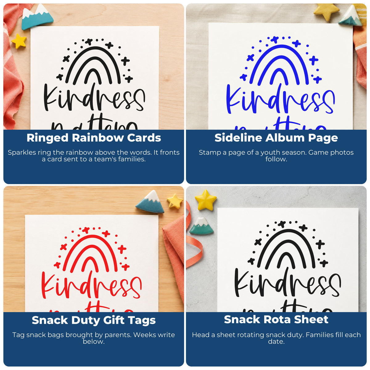 Four ways to use the Slim Pre-Inked Kindness Matters Starry Rainbow With Sparkles Stamp: ringed rainbow cards, sideline album page, snack duty gift tags and snack rota sheet.