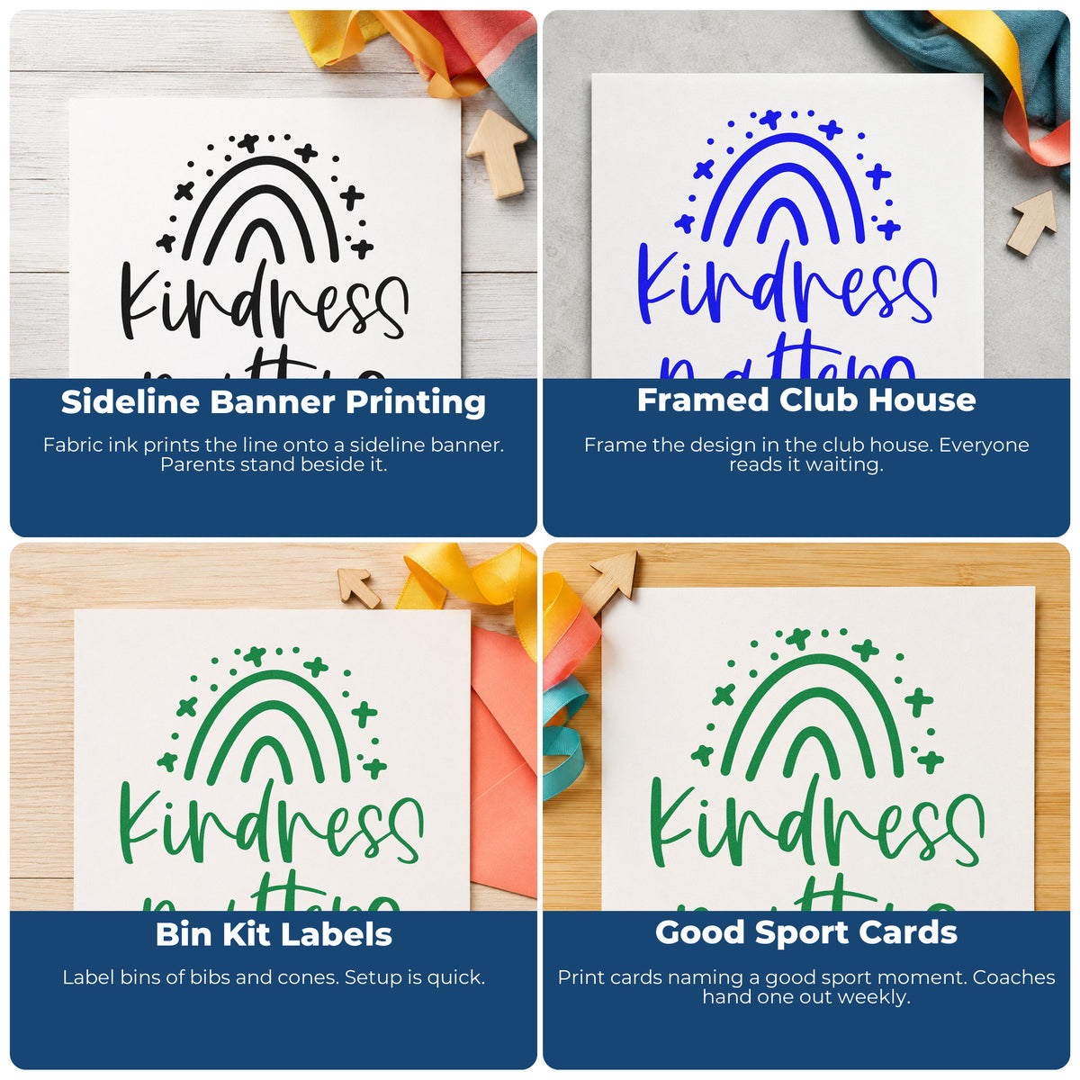 Four ways to use the Kindness Matters Starry Rainbow With Sparkles Self-Inking Craft Stamp: sideline banner printing, framed club house, bin kit labels and good sport cards.