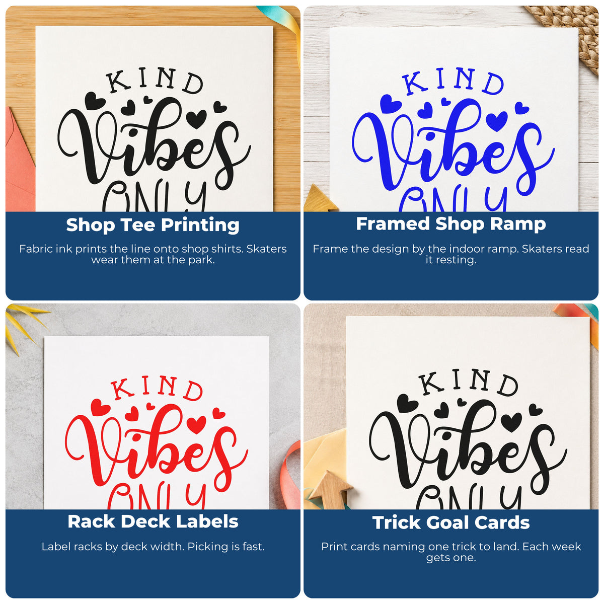 Four ways to use the Kind Vibes Only Hearts PSI Pre-Inked Stamp: shop tee printing, framed shop ramp, rack deck labels and trick goal cards.