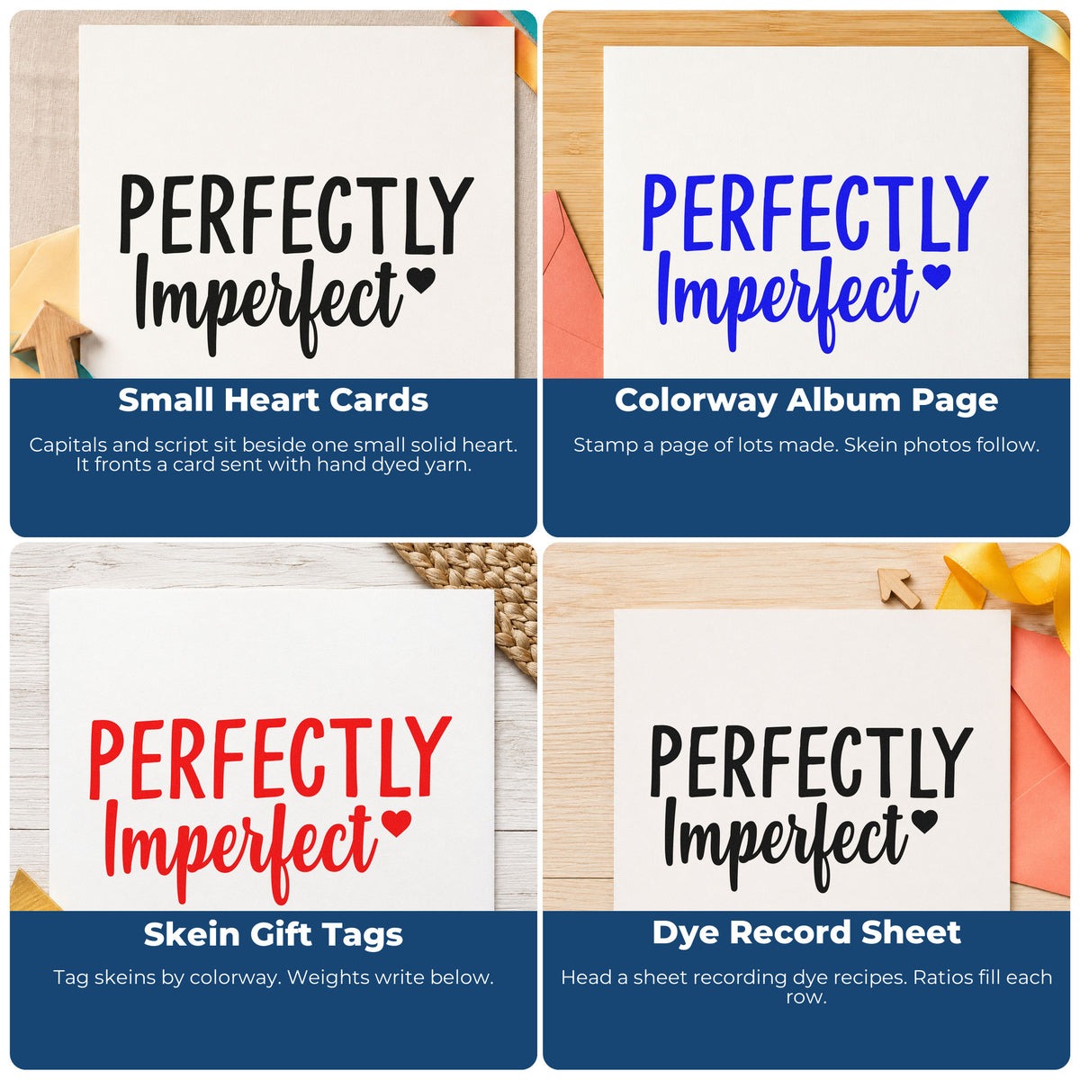 Four ways to use the Perfectly Imperfect Slim Pre-Inked Stamp: small heart cards, colorway album page, skein gift tags and dye record sheet.