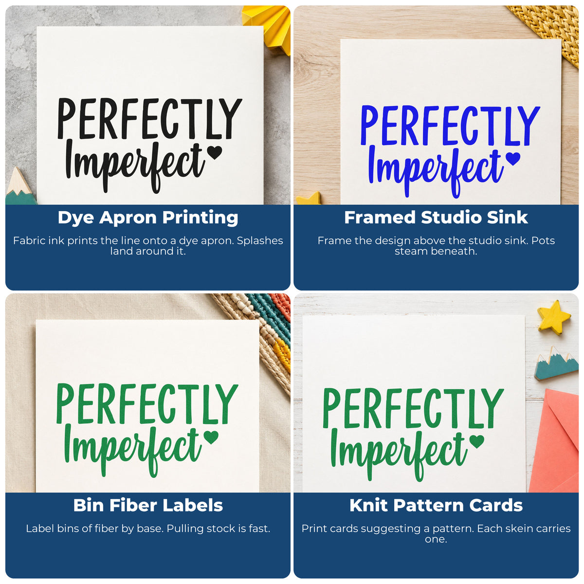 Four ways to use the Perfectly Imperfect Self-Inking Stamp: dye apron printing, framed studio sink, bin fiber labels and knit pattern cards.