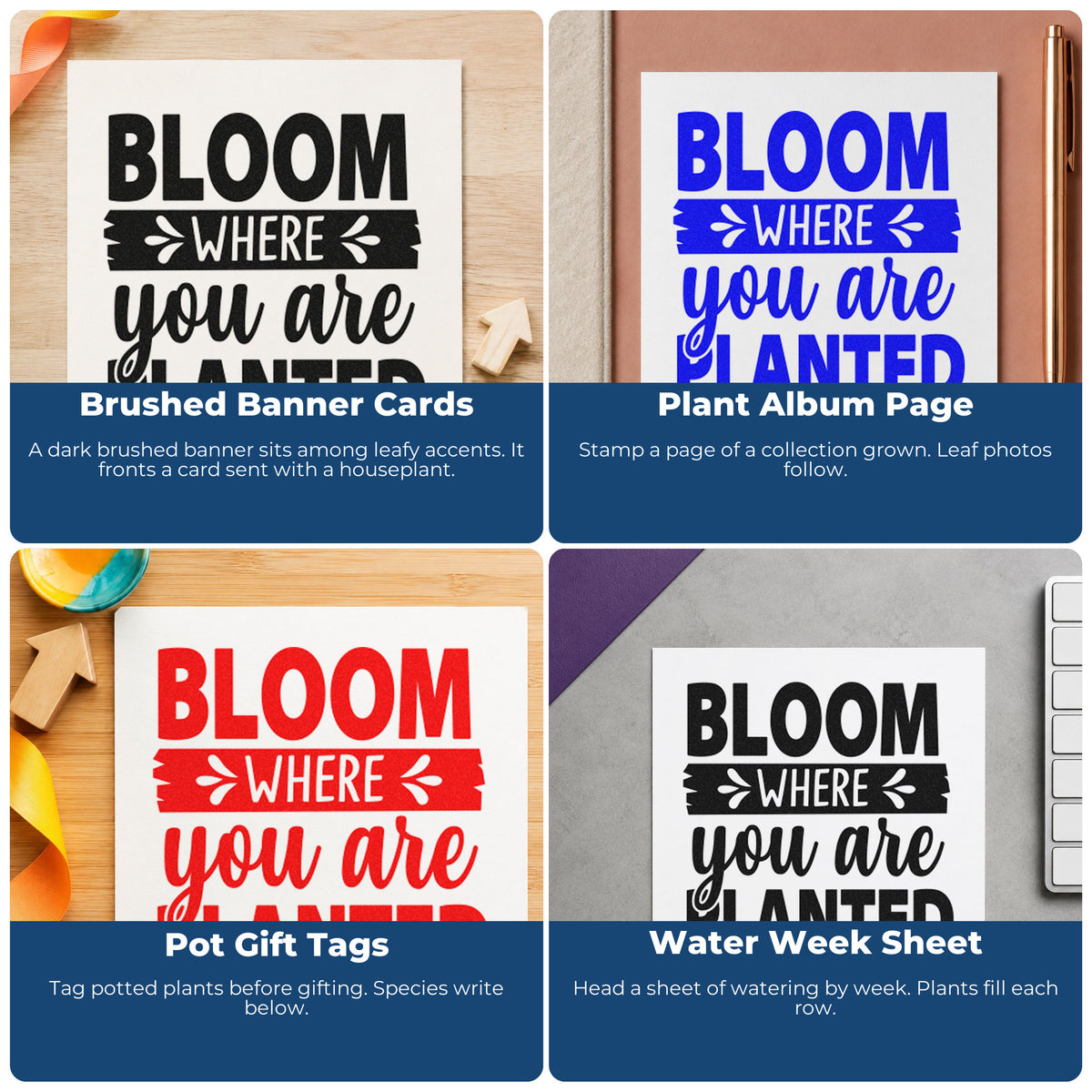 Four ways to use the Bloom Where You Are Planted Leaf Accents Stamp – Self-Inking: brushed banner cards, plant album page, pot gift tags and water week sheet.