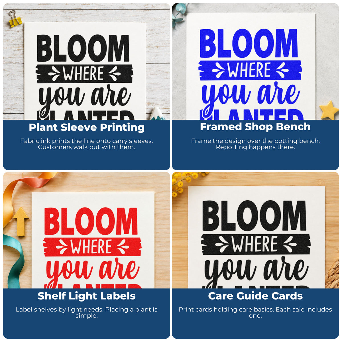 Four ways to use the Bloom Where You Are Planted Leaf Accents Hand Stamp – Duo: plant sleeve printing, framed shop bench, shelf light labels and care guide cards.