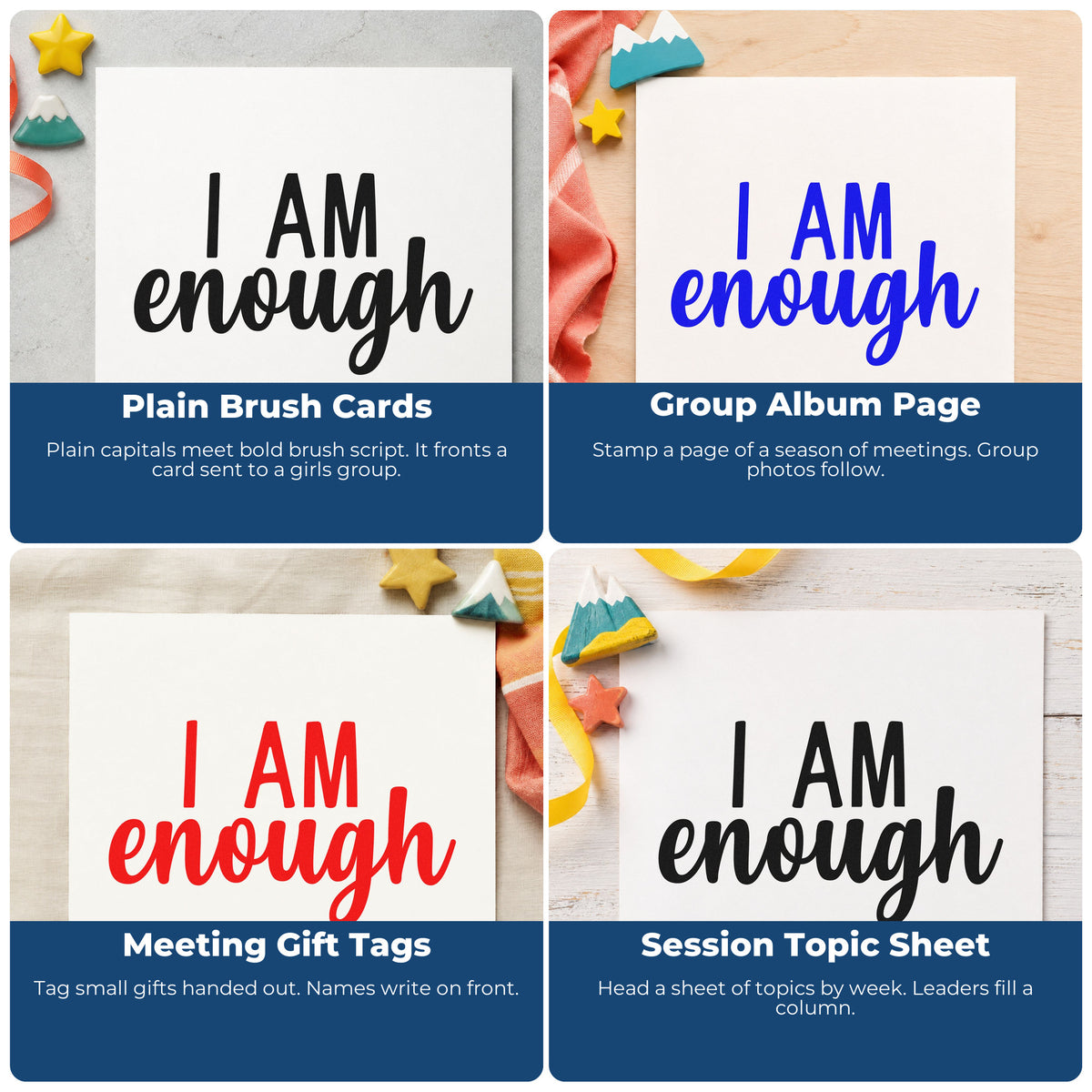 Four ways to use the I Am Enough Self-Inking Stamp: plain brush cards, group album page, meeting gift tags and session topic sheet.