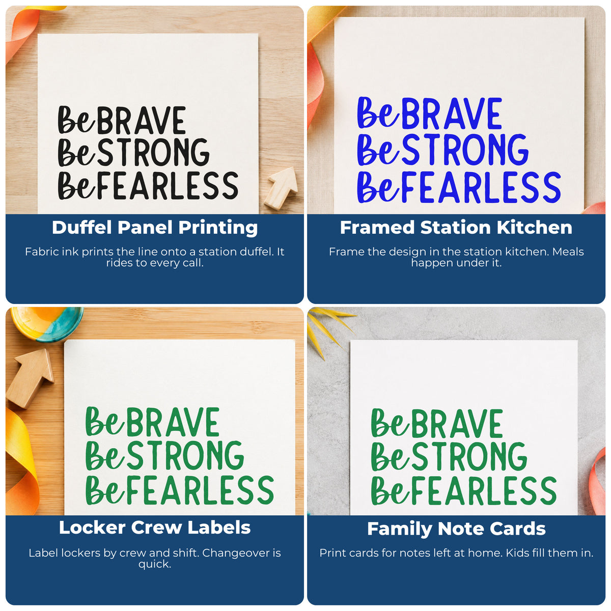 Four ways to use the Be Brave Strong Fearless Script Lettering PSI Pre-Inked Stamp: duffel panel printing, framed station kitchen, locker crew labels and family note cards.