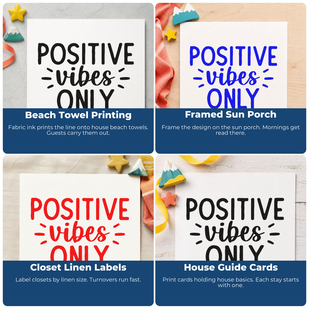 Four ways to use the Positive Vibes Only Rays Slim Pre-Inked Stamp: beach towel printing, framed sun porch, closet linen labels and house guide cards.