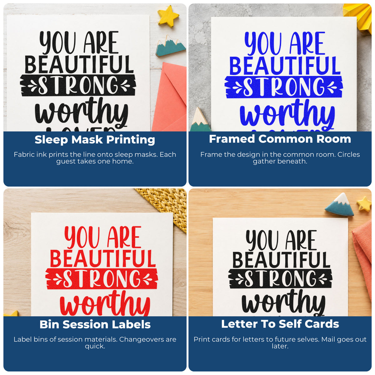 Four ways to use the Premium Wooden You Are Beautiful Strong Worthy Loved Stamp - Vintage Pro: sleep mask printing, framed common room, bin session labels and letter to self cards.