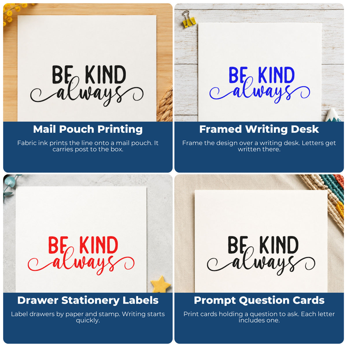 Four ways to use the Be Kind Always Script Self-Inking Stamp: mail pouch printing, framed writing desk, drawer stationery labels and prompt question cards.