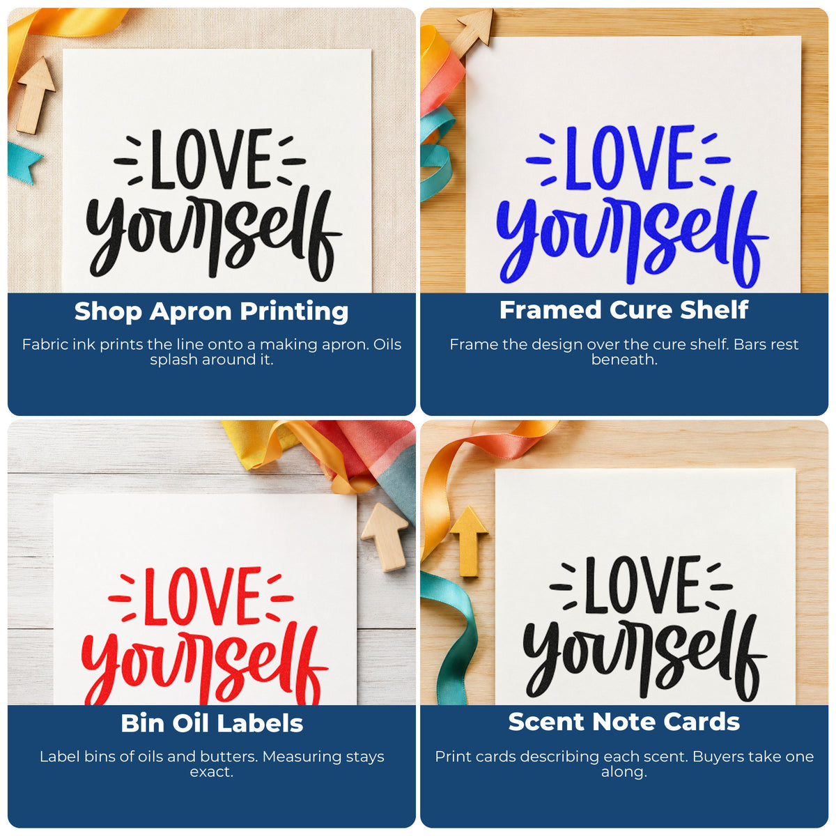 Four ways to use the Love Yourself Stamp – Duo Hand: shop apron printing, framed cure shelf, bin oil labels and scent note cards.