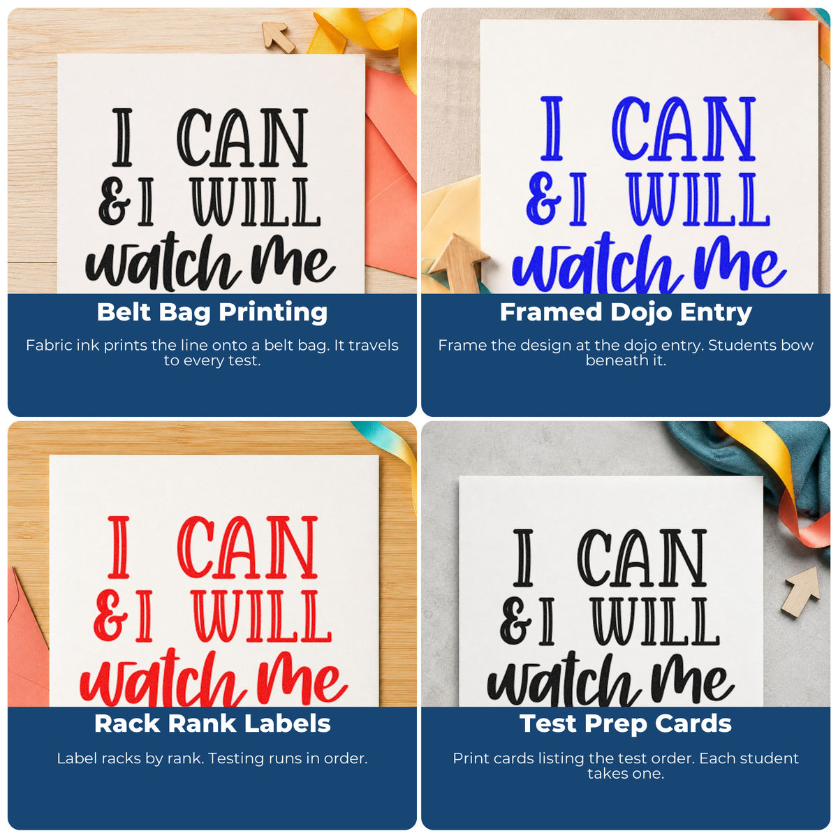 Four ways to use the I Can & I Will Watch Me Rubber Stamp – Duo Hand: belt bag printing, framed dojo entry, rack rank labels and test prep cards.
