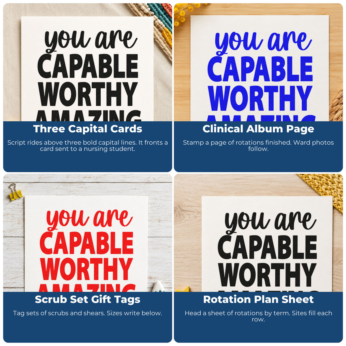 Four ways to use the Capable Worthy Amazing Lettering Self-Inking Stamp: three capital cards, clinical album page, scrub set gift tags and rotation plan sheet.