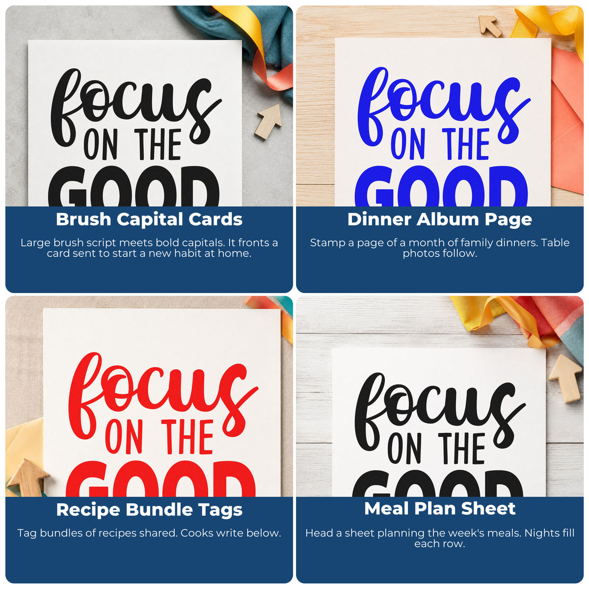 Four ways to use the Focus On The Good Brush Lettering Self-Inking Stamp: brush capital cards, dinner album page, recipe bundle tags and meal plan sheet.