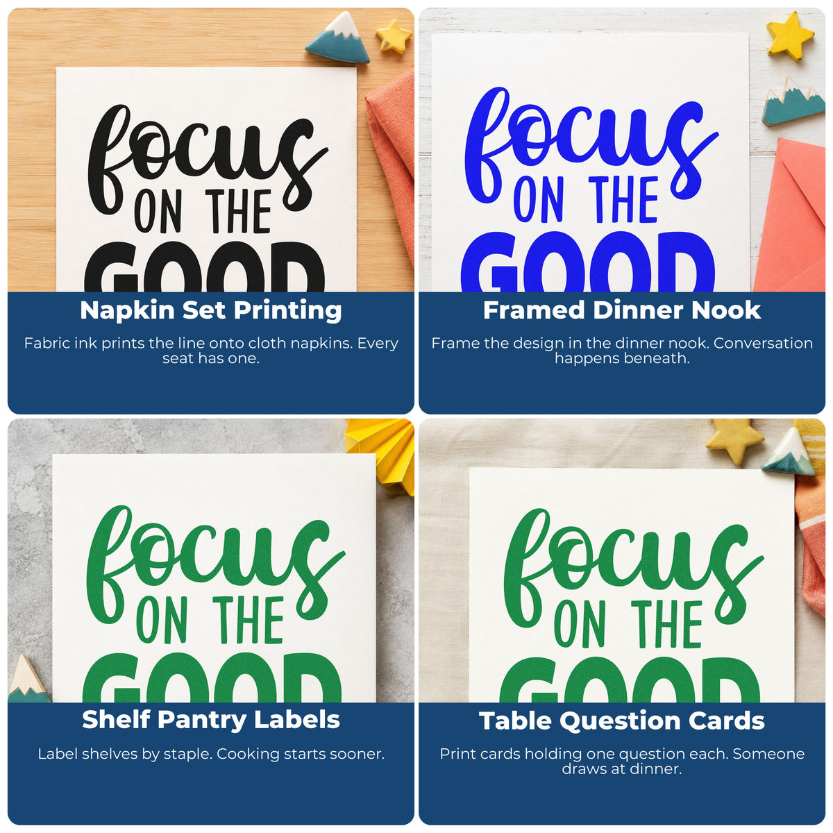 Four ways to use the Focus On The Good Brush Lettering Self-Inking Stamp: napkin set printing, framed dinner nook, shelf pantry labels and table question cards.