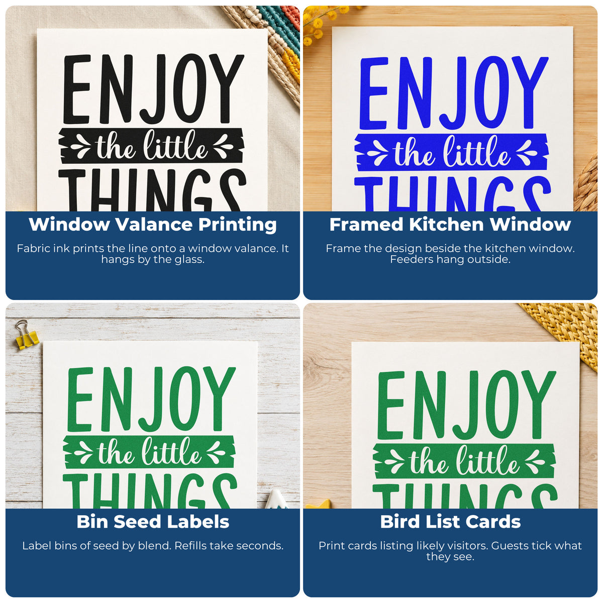 Four ways to use the Enjoy The Little Things Banner Craft Stamp – Self-Inking: window valance printing, framed kitchen window, bin seed labels and bird list cards.