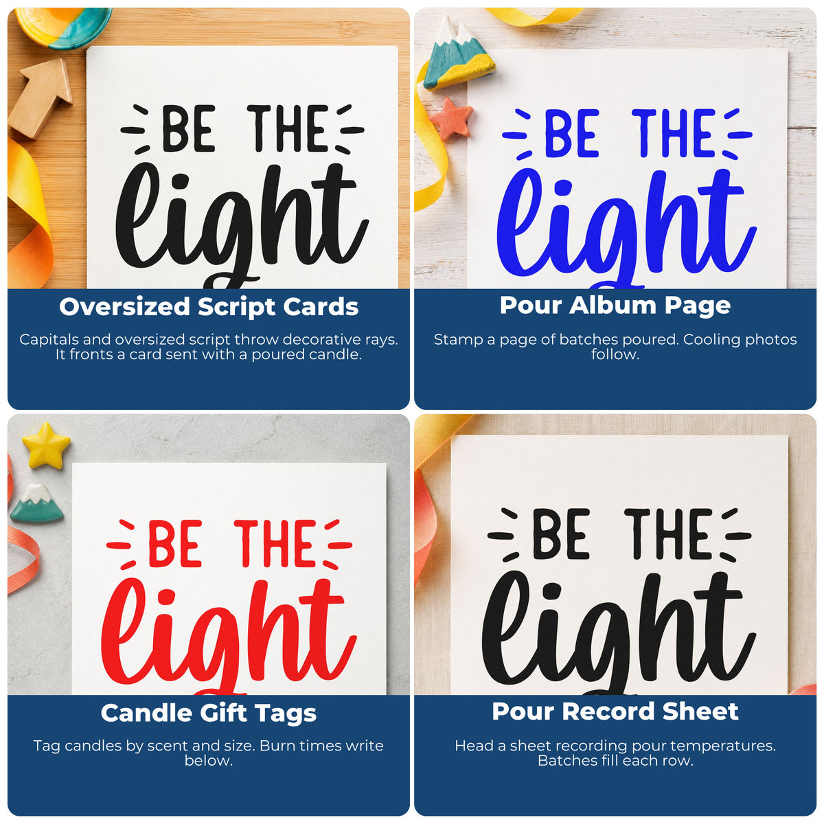 Four ways to use the Be The Light Letter Art Compact Pre-Inked Stamp – Slim: oversized script cards, pour album page, candle gift tags and pour record sheet.
