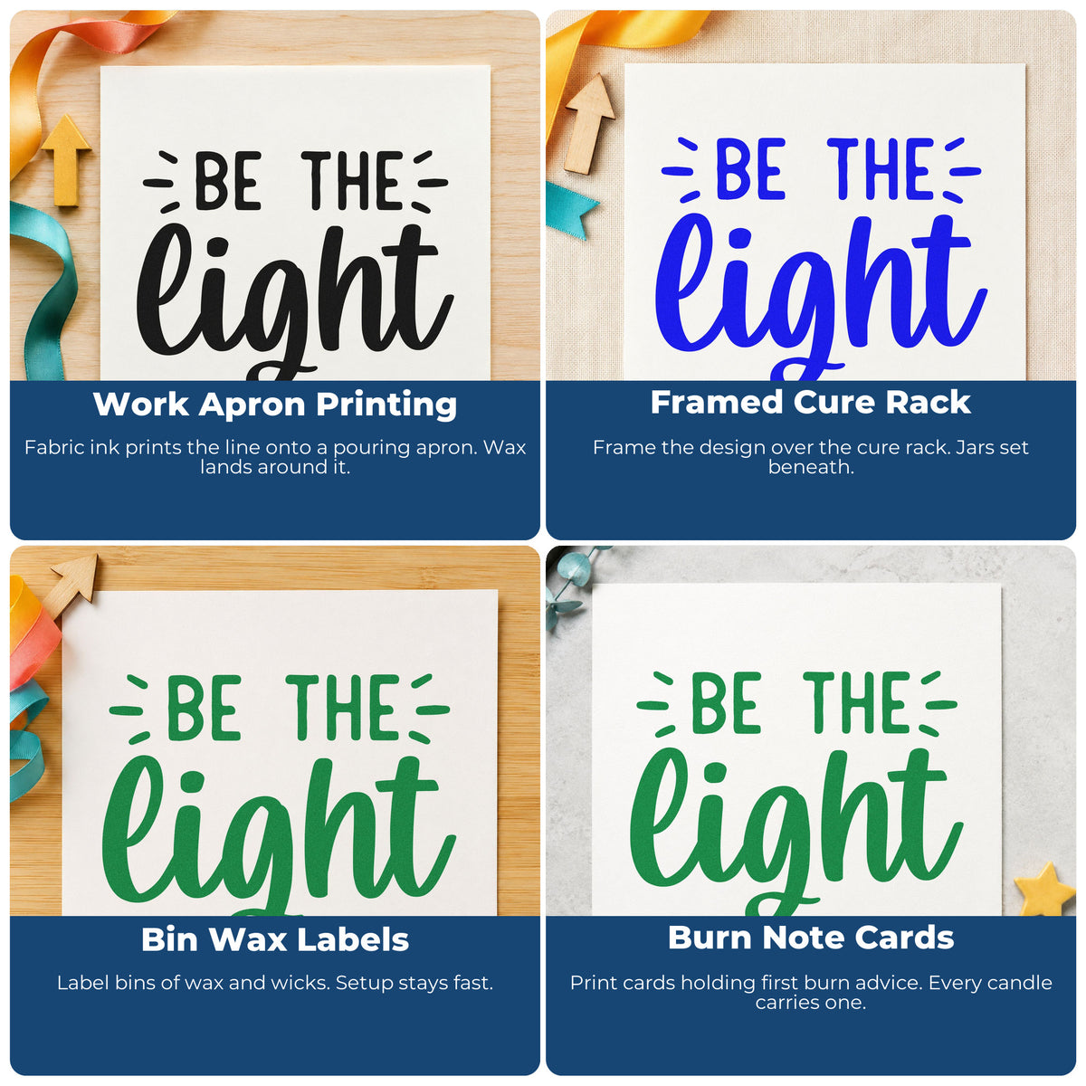 Four ways to use the Be The Light Letter Art Rubber Stamp – Duo Hand: work apron printing, framed cure rack, bin wax labels and burn note cards.