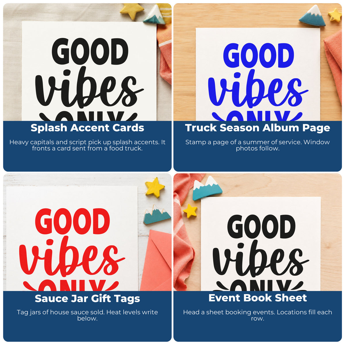 Four ways to use the Good Vibes Only Splashes Stamp – Self-Inking: splash accent cards, truck season album page, sauce jar gift tags and event book sheet.
