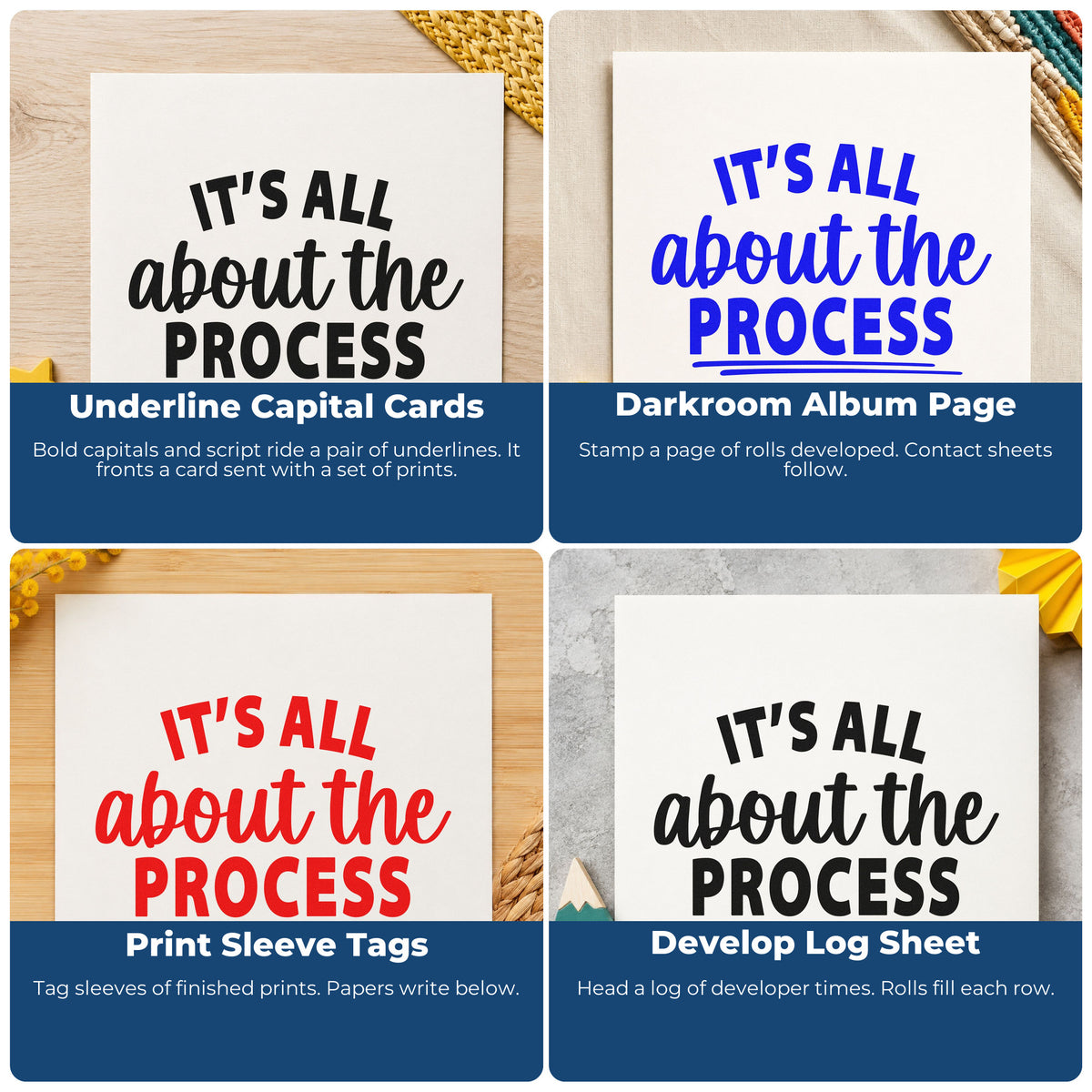 Four ways to use the Slim Pre-Inked All About The Process Stamp: underline capital cards, darkroom album page, print sleeve tags and develop log sheet.