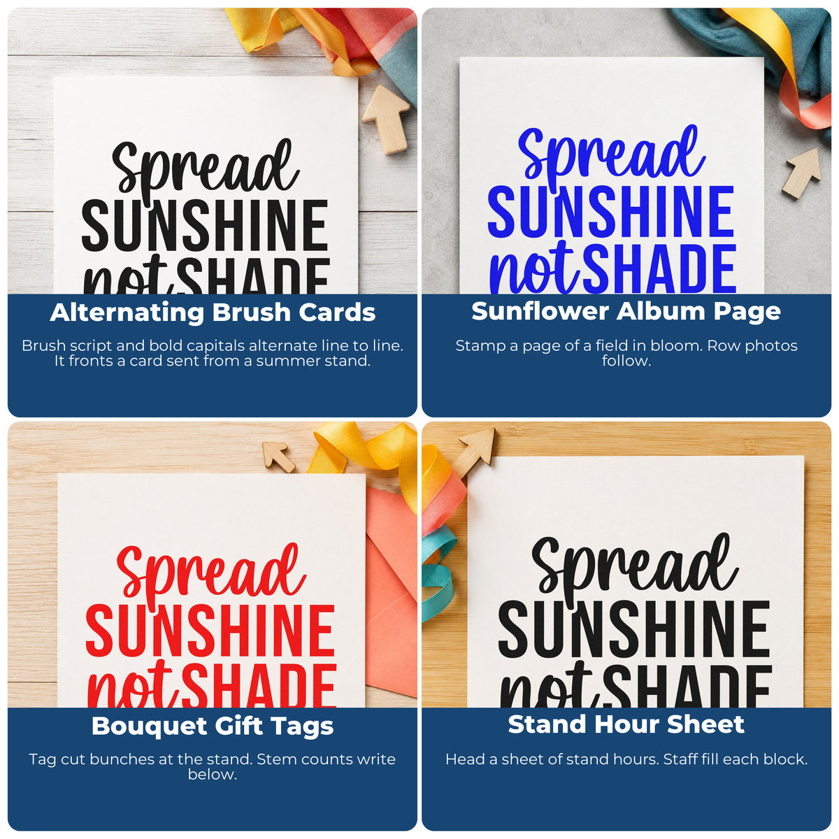 Four ways to use the Spread Sunshine Not Shade Brush Lettering Stamp – Duo Hand: alternating brush cards, sunflower album page, bouquet gift tags and stand hour sheet.