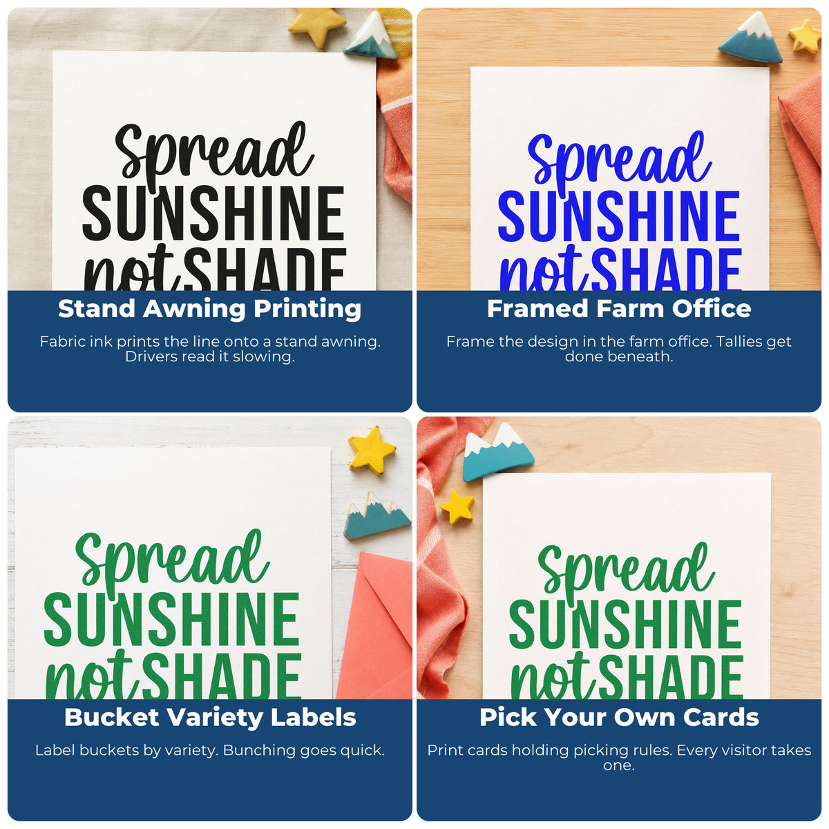 Four ways to use the Spread Sunshine Not Shade Brush Lettering Pre-Inked Stamp – PSI: stand awning printing, framed farm office, bucket variety labels and pick your own cards.