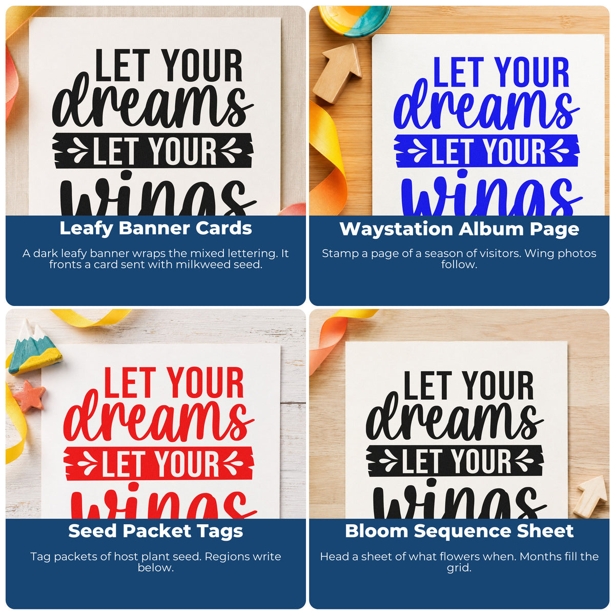 Four ways to use the Leafy Banner With Dreams And Wings Stamp – PSI Pre-Inked: leafy banner cards, waystation album page, seed packet tags and bloom sequence sheet.