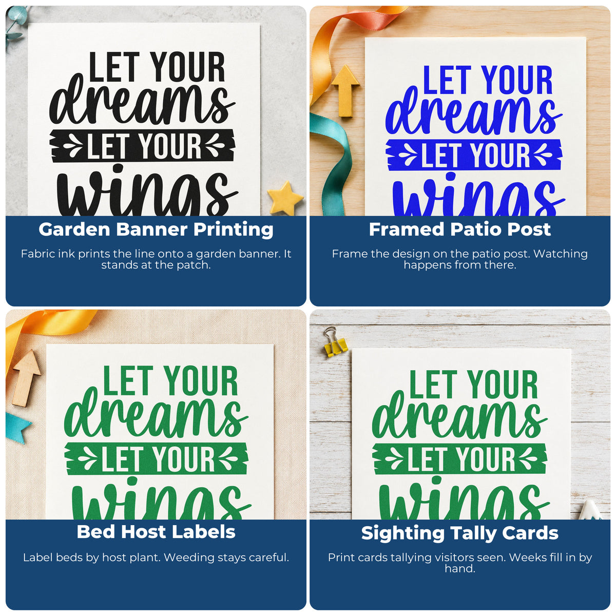 Four ways to use the Leafy Banner With Dreams And Wings Wood Handle Stamp: garden banner printing, framed patio post, bed host labels and sighting tally cards.