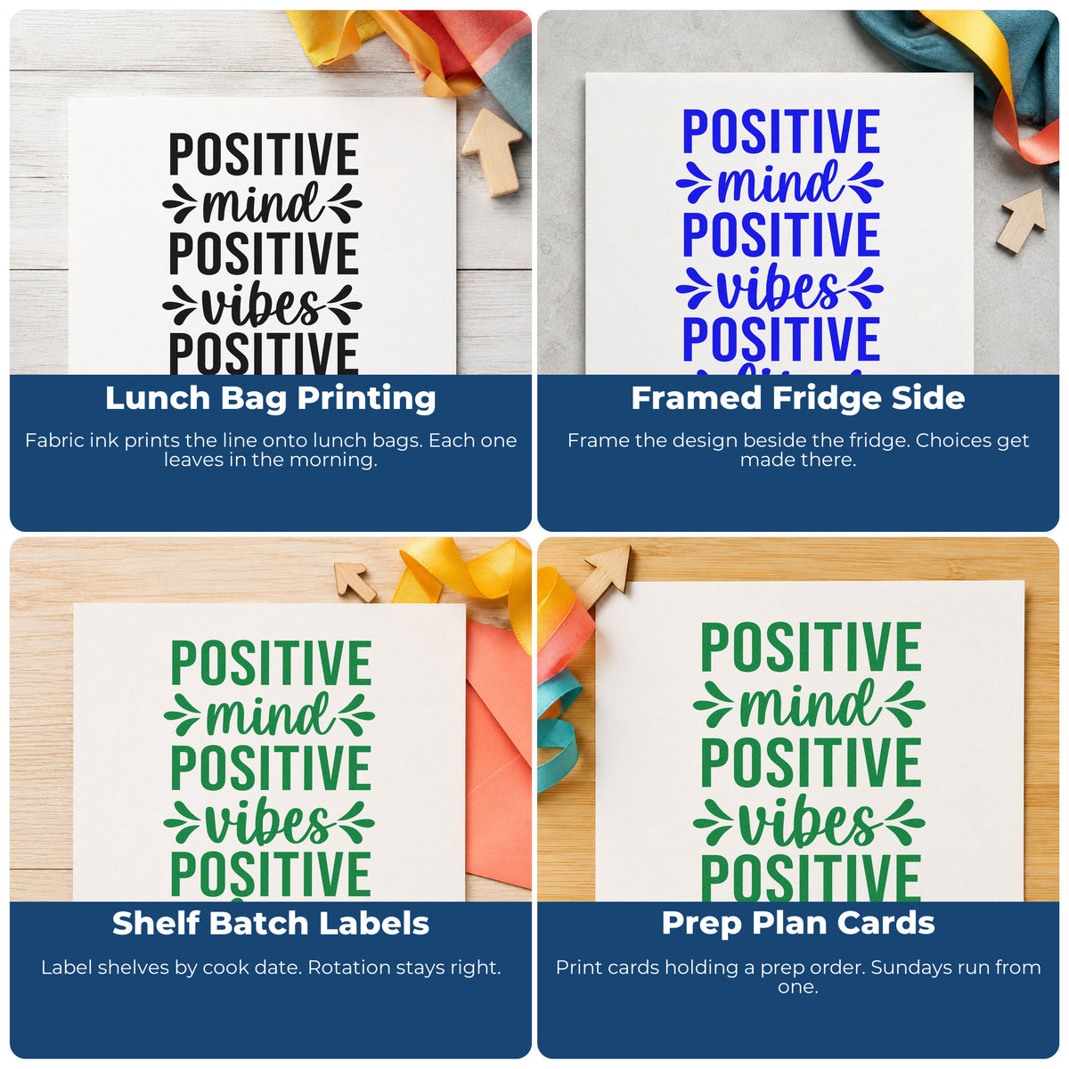 Four ways to use the Positive Mind Vibes Life Rubber Stamp – Wood Handle: lunch bag printing, framed fridge side, shelf batch labels and prep plan cards.