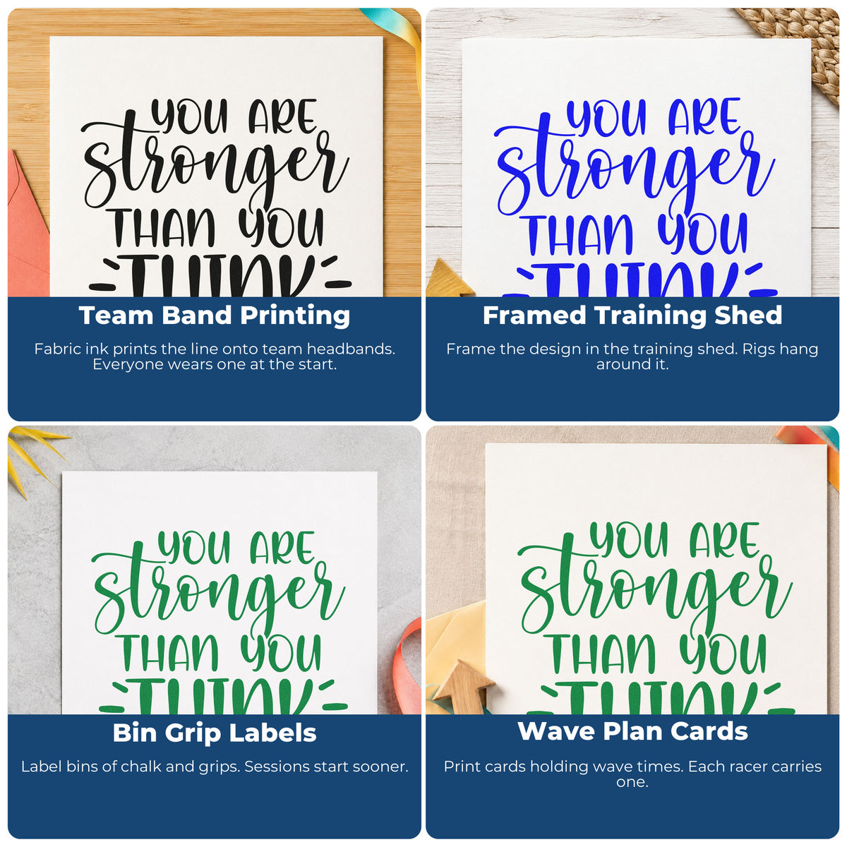 Four ways to use the You Are Stronger Than Think Lettering Slim Pre-Inked Stamp: team band printing, framed training shed, bin grip labels and wave plan cards.