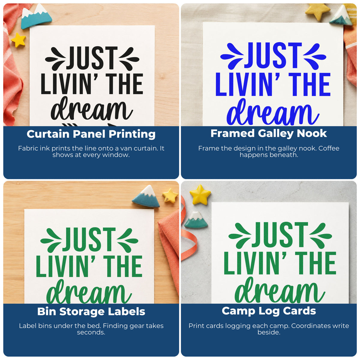 Four ways to use the Just Livin' The Dream Arrow Compact Pre-Inked Stamp – Slim: curtain panel printing, framed galley nook, bin storage labels and camp log cards.