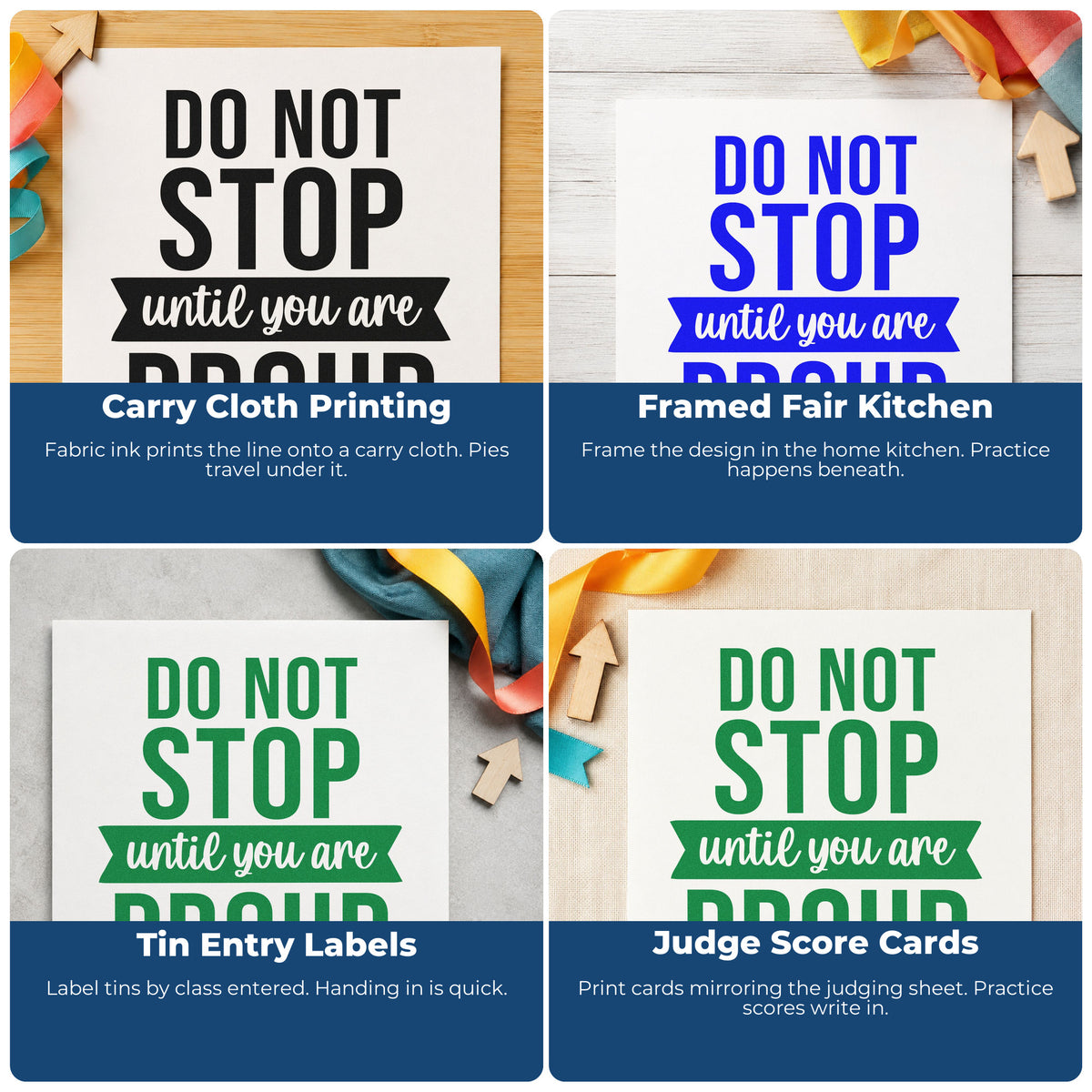 Four ways to use the Duo Hand Don't Stop Until Proud Rubber Stamp: carry cloth printing, framed fair kitchen, tin entry labels and judge score cards.
