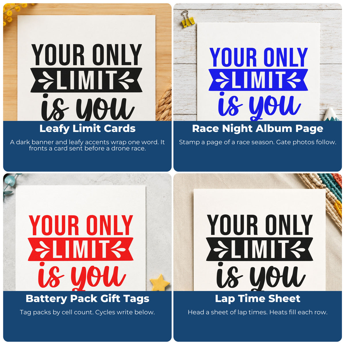 Four ways to use the Your Only Limit Is You Stamp – Self-Inking: leafy limit cards, race night album page, battery pack gift tags and lap time sheet.