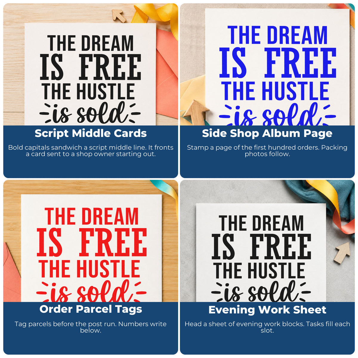 Four ways to use the Dream Is Free Hustle Word Art Stamp – Slim Pre-Inked: script middle cards, side shop album page, order parcel tags and evening work sheet.