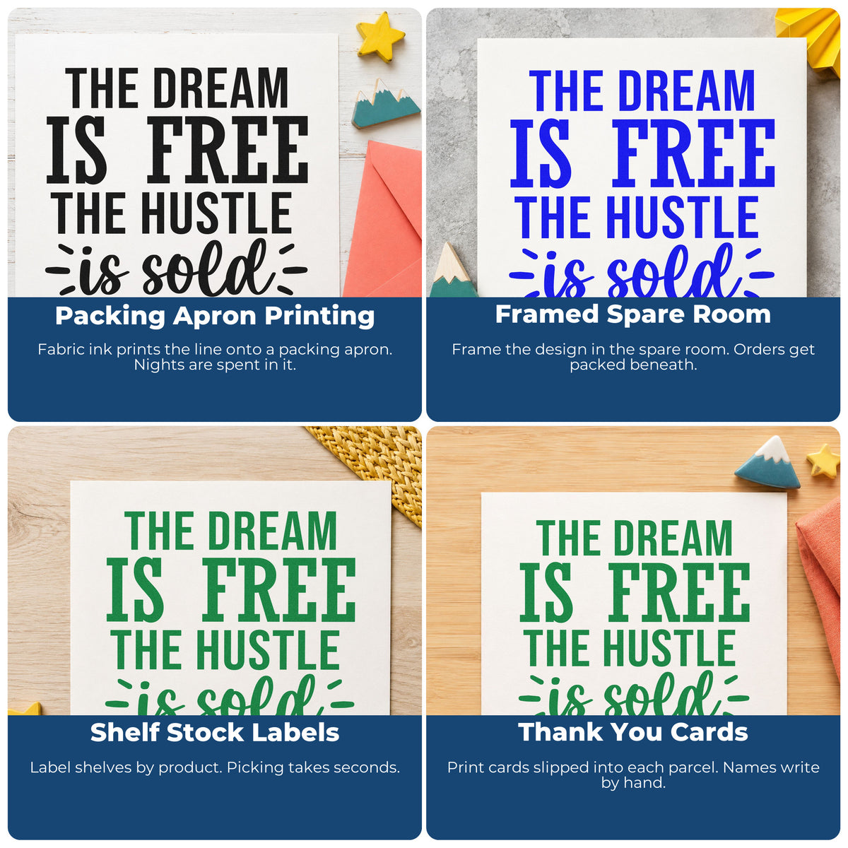 Four ways to use the Dream Is Free Hustle Word Art Stamp – Slim Pre-Inked: packing apron printing, framed spare room, shelf stock labels and thank you cards.