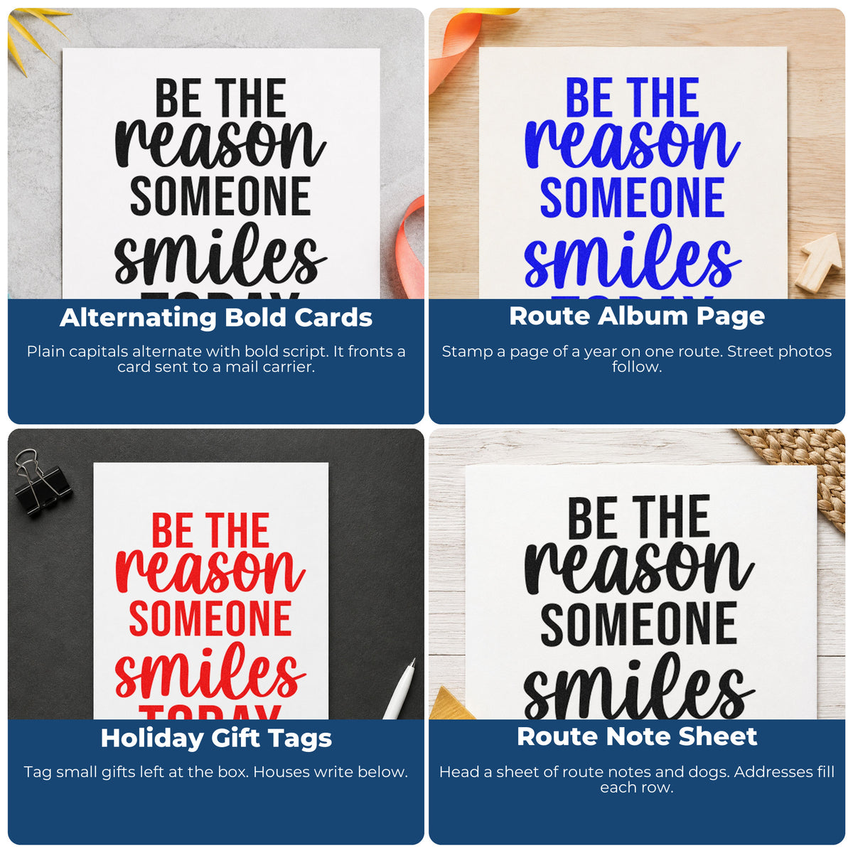 Four ways to use the Reason Someone Smiles Today Slim Pre-Inked Stamp: alternating bold cards, route album page, holiday gift tags and route note sheet.