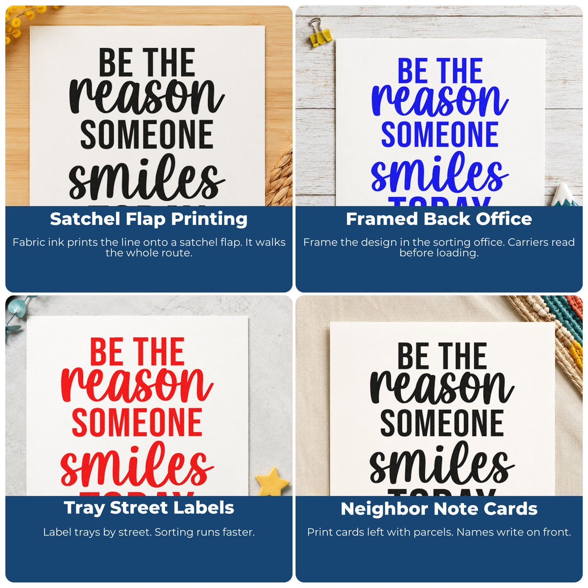 Four ways to use the Reason Someone Smiles Today Self-Inking Stamp: satchel flap printing, framed back office, tray street labels and neighbor note cards.
