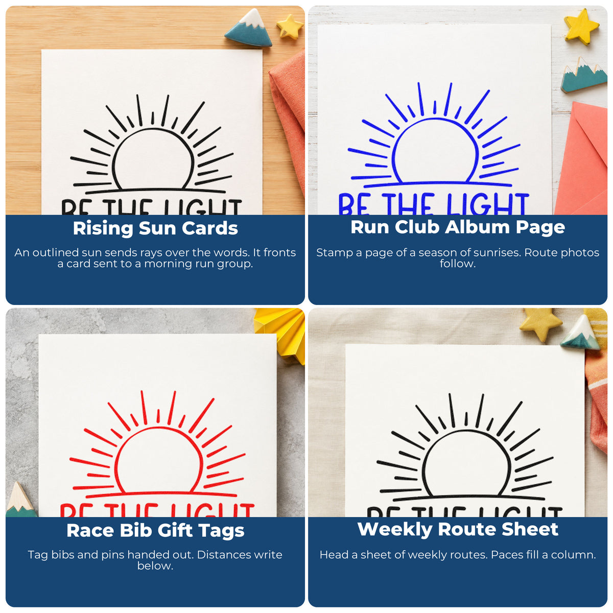 Four ways to use the Be The Light Sunrise Linework Rubber Stamp – Duo Hand: rising sun cards, run club album page, race bib gift tags and weekly route sheet.