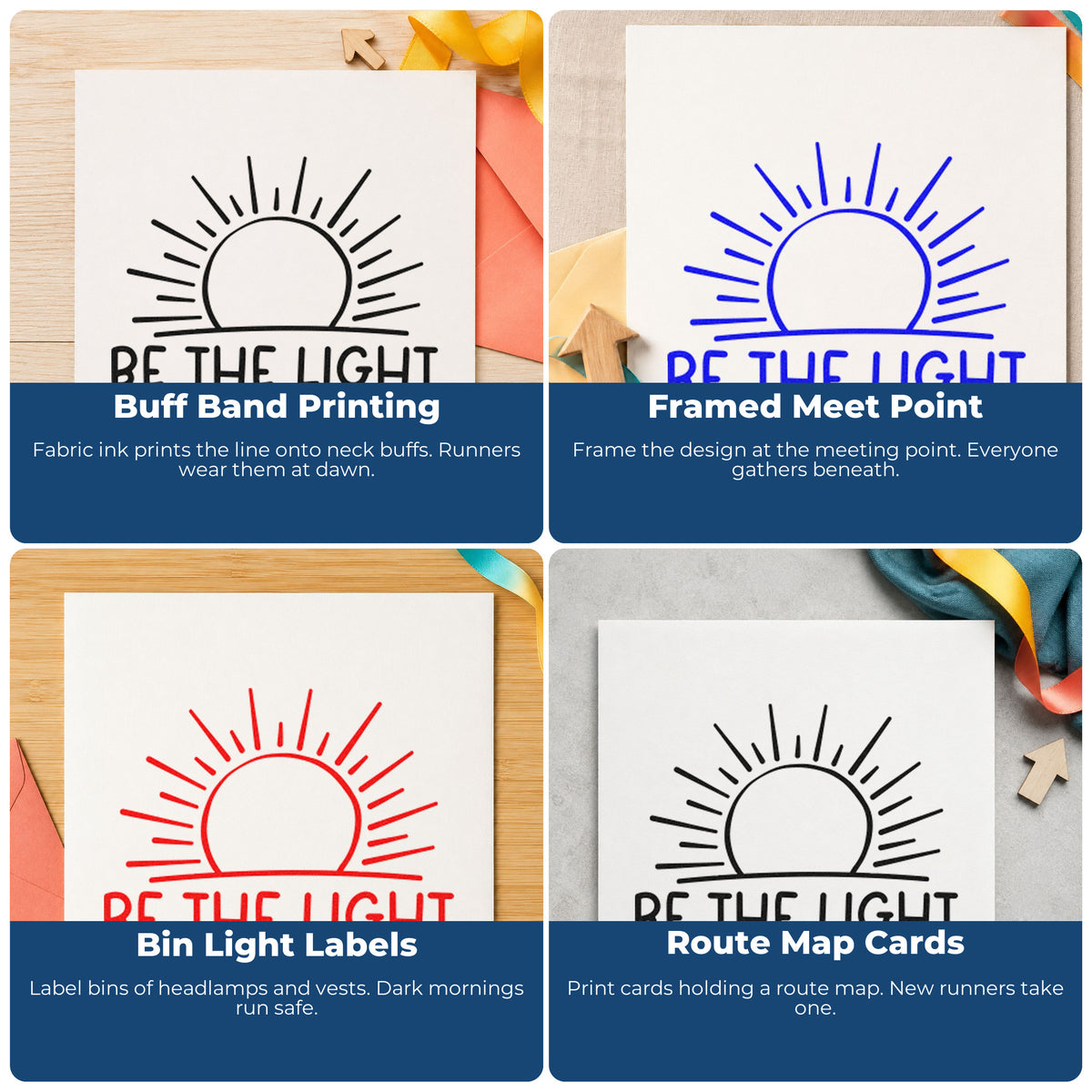 Four ways to use the Be The Light Sunrise Linework Self-Inking Stamp: buff band printing, framed meet point, bin light labels and route map cards.