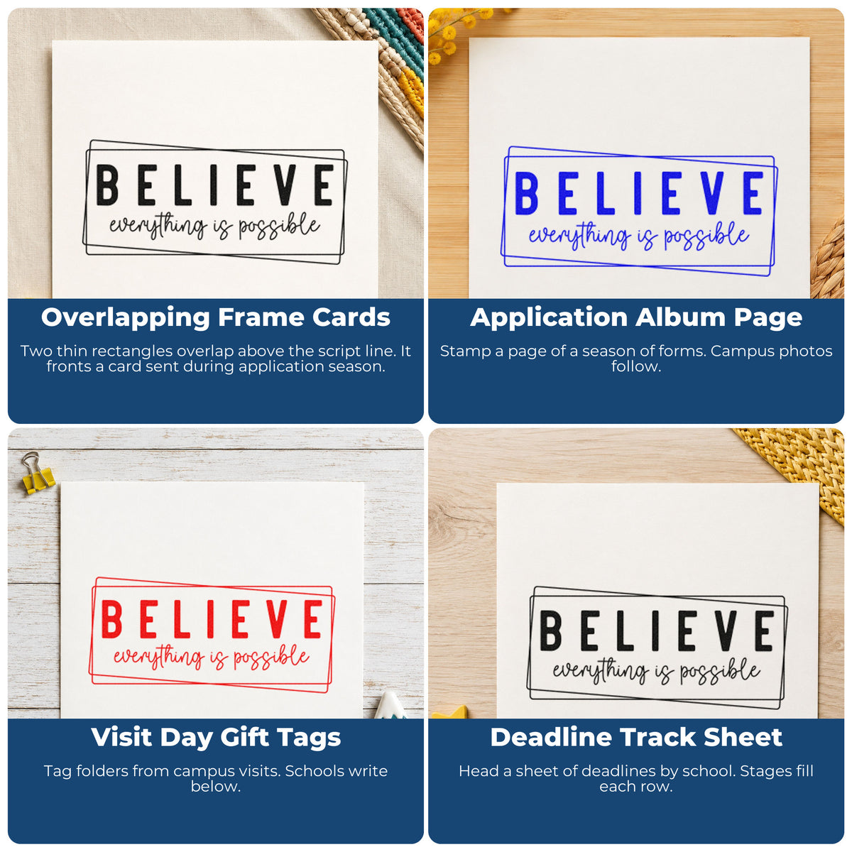 Four ways to use the Overlapping Frames With Believe Script Stamp – Self-Inking: overlapping frame cards, application album page, visit day gift tags and deadline track sheet.