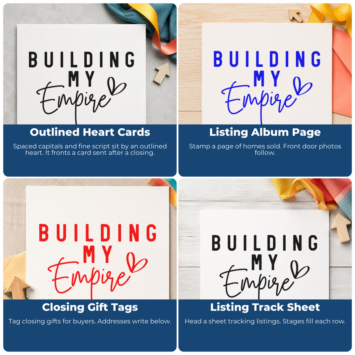 Four ways to use the Building My Empire Heart Self-Inking Stamp: outlined heart cards, listing album page, closing gift tags and listing track sheet.