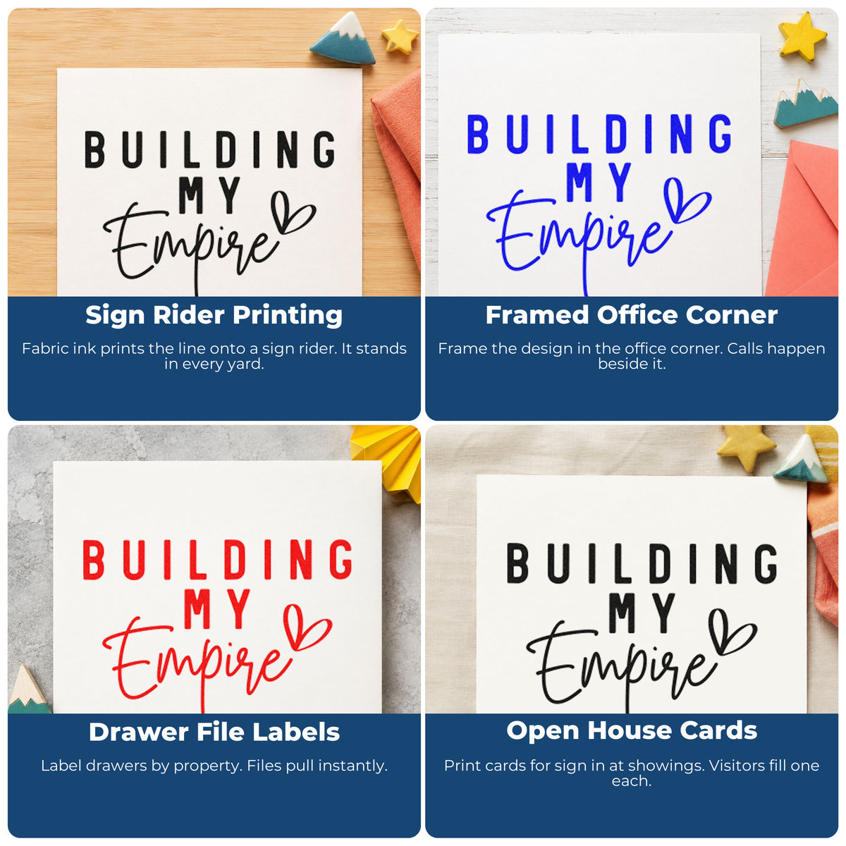 Four ways to use the Building My Empire Heart Self-Inking Stamp: sign rider printing, framed office corner, drawer file labels and open house cards.