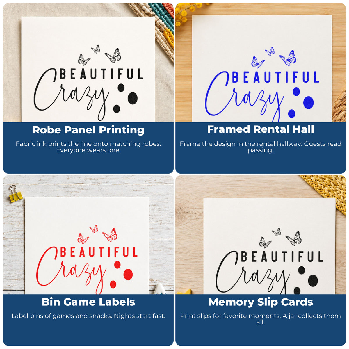 Four ways to use the Beautiful Crazy Butterflies Lettering Pre-Inked Stamp – PSI: robe panel printing, framed rental hall, bin game labels and memory slip cards.
