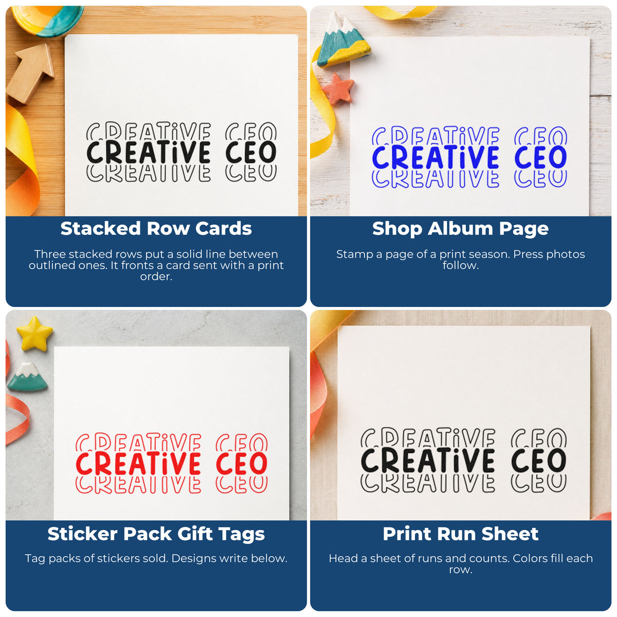 Four ways to use the Wood Handle Creative CEO Repeated Lettering Rubber Stamp: stacked row cards, shop album page, sticker pack gift tags and print run sheet.