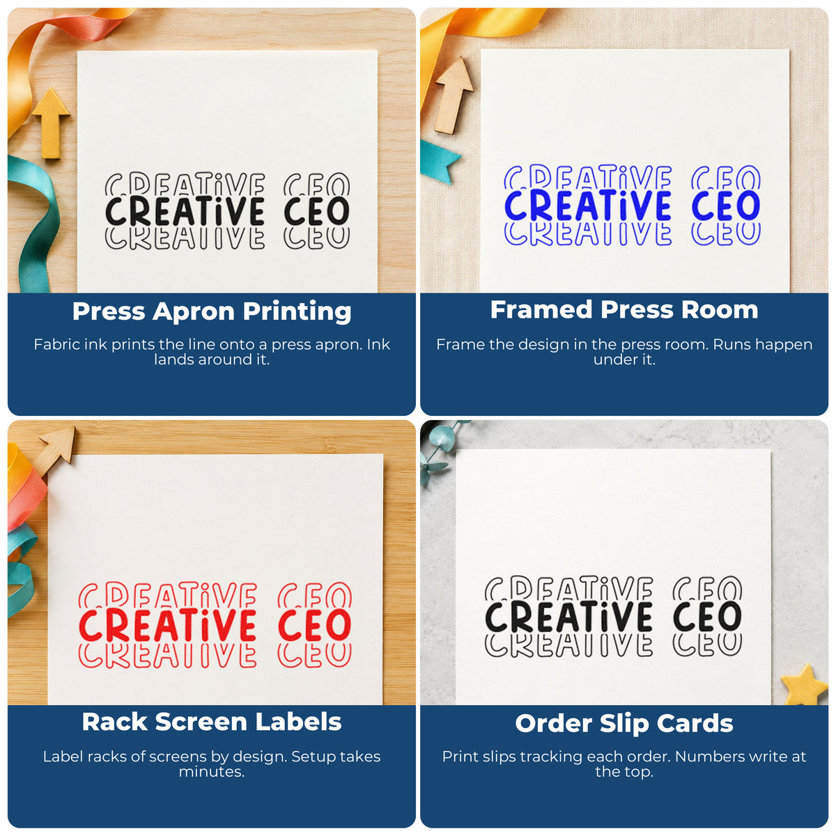 Four ways to use the Creative CEO Repeated Lettering Premium Wood-Mounted Stamp - Vintage Pro: press apron printing, framed press room, rack screen labels and order slip cards.