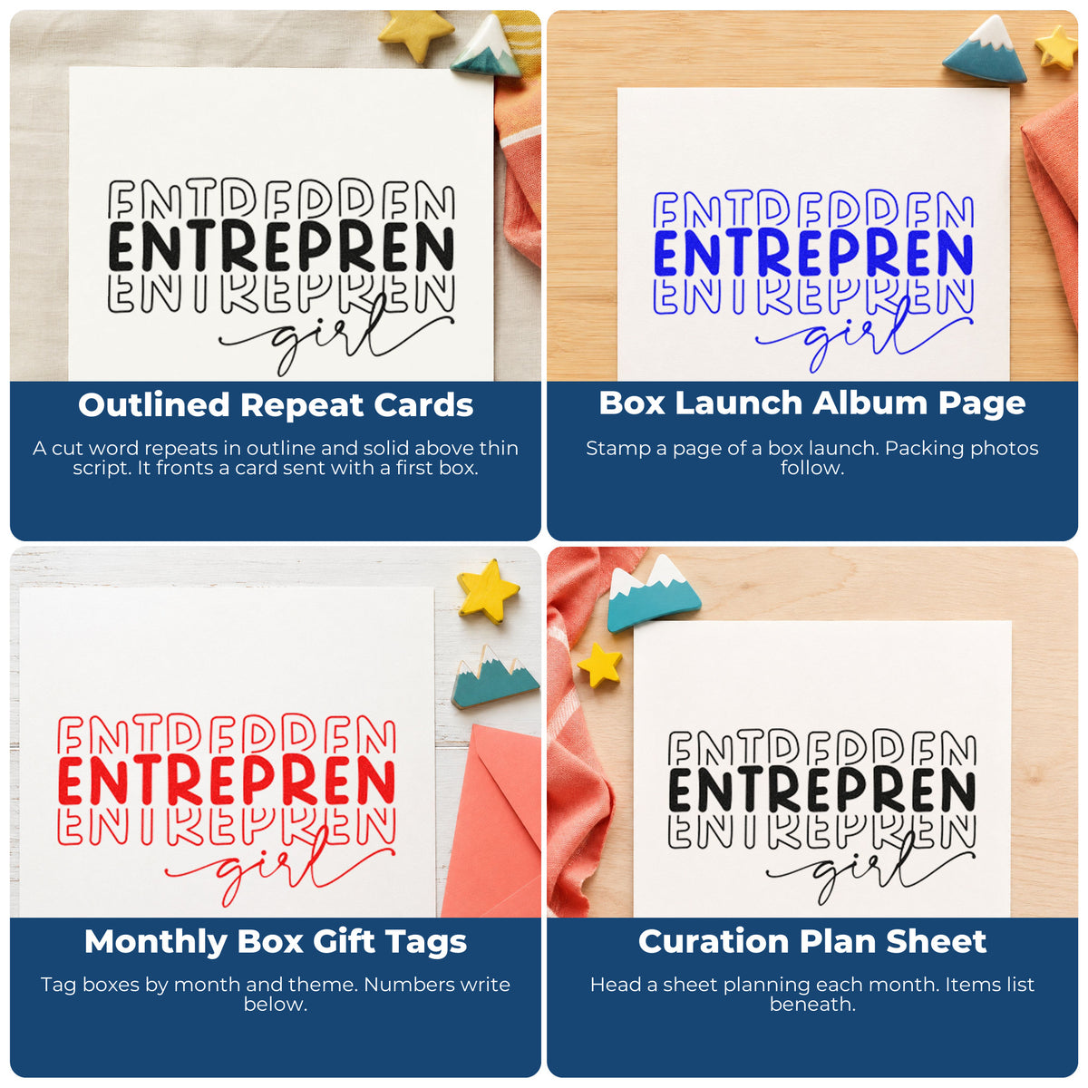 Four ways to use the Outlined Capitals And Girl Script Stamp – PSI Pre-Inked: outlined repeat cards, box launch album page, monthly box gift tags and curation plan sheet.