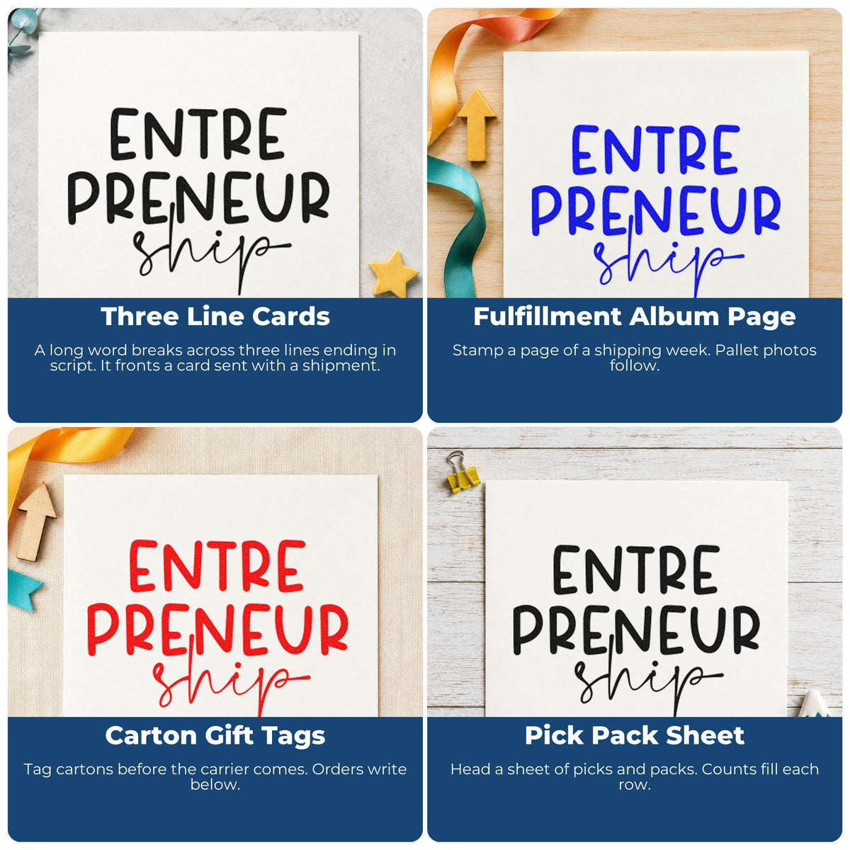 Four ways to use the Entrepreneurship Split Word Art Wood Handle Stamp: three line cards, fulfillment album page, carton gift tags and pick pack sheet.