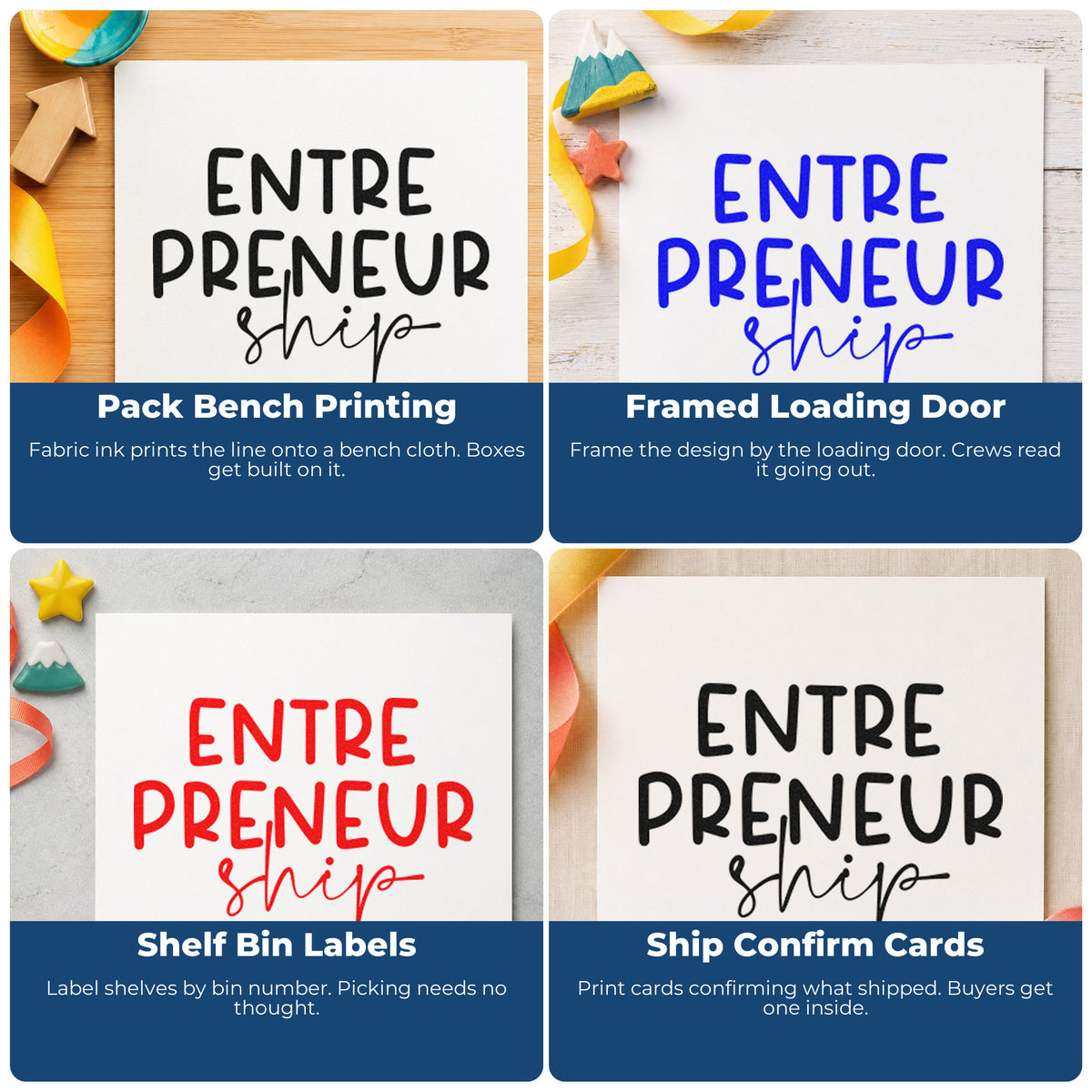 Four ways to use the Entrepreneurship Split Word Art Wood Handle Stamp: pack bench printing, framed loading door, shelf bin labels and ship confirm cards.