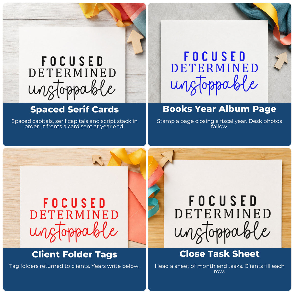 Four ways to use the Focused Determined Unstoppable Craft Stamp – Self-Inking: spaced serif cards, books year album page, client folder tags and close task sheet.