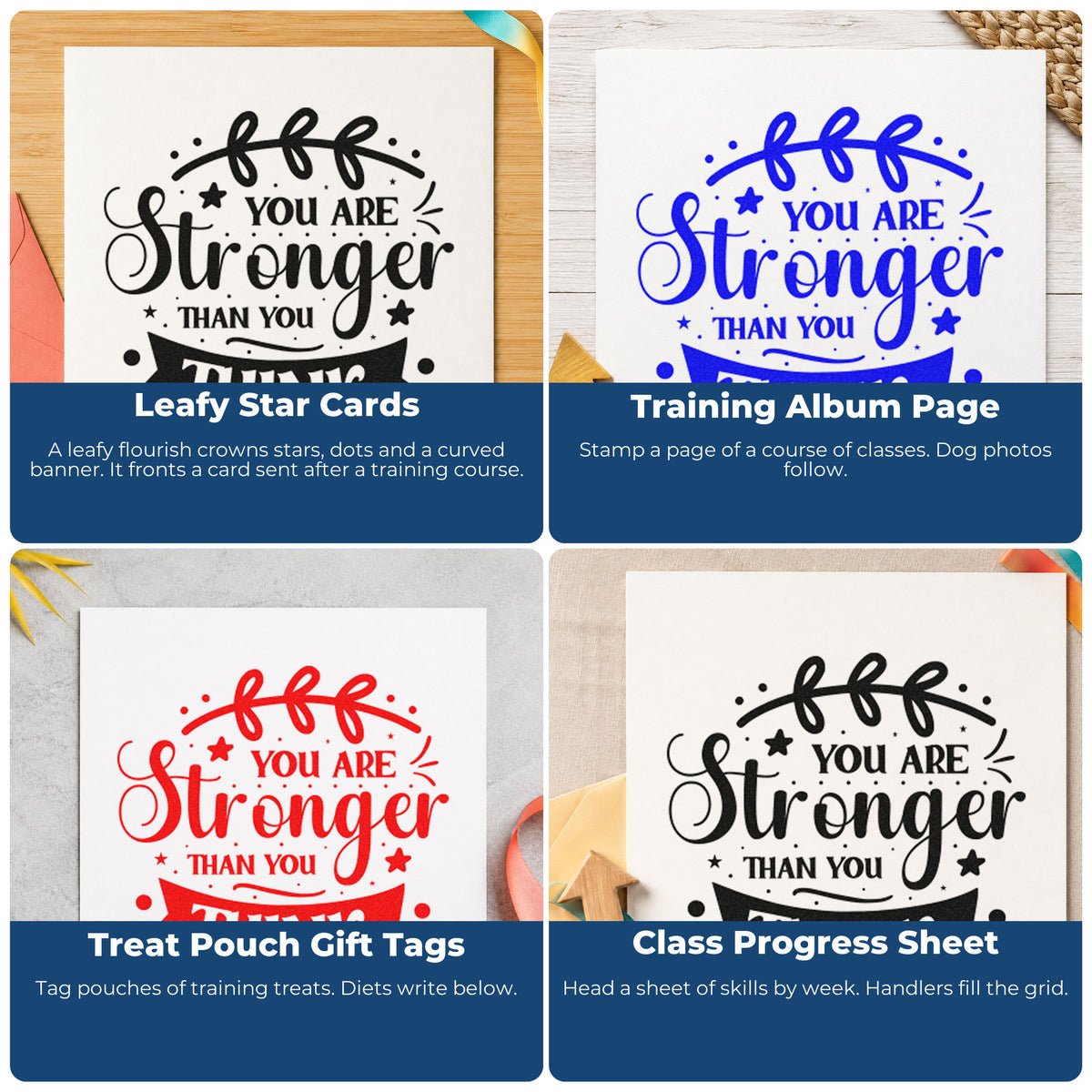 Four ways to use the You Are Stronger Think Banner Rubber Stamp – Duo Hand: leafy star cards, training album page, treat pouch gift tags and class progress sheet.